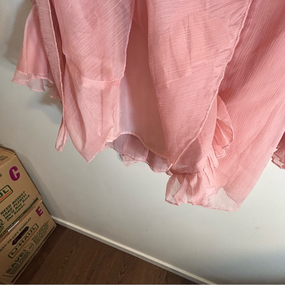 L'ATISTE Sz S Blush Pink Sheer Dress with Ruffles And Balloon Sleeves Lined Ties - Picture 7 of 12